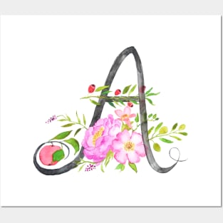 Letter A calligraphy watercolor flowers Posters and Art